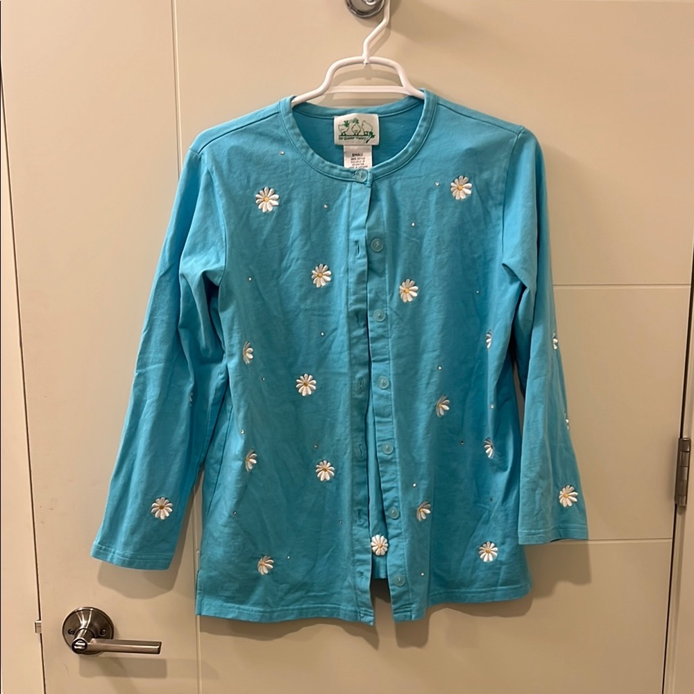 The Quaker Factory:Blue Cardigan with Daisy Embroidery with rhinestones vintage